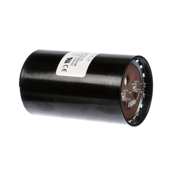 A black cylindrical capacitor with a white label.