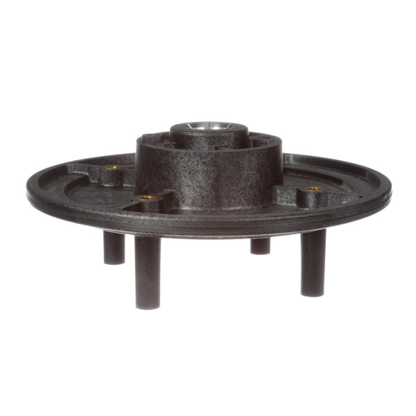 A black metal circular pedestal with four legs and two holes.