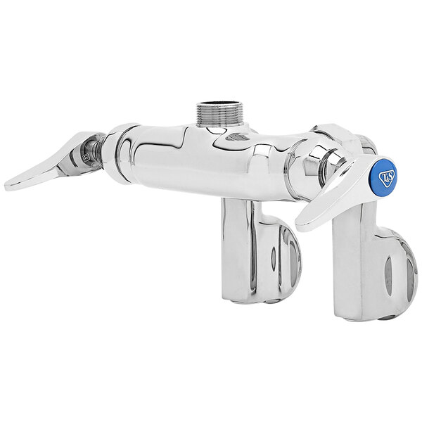 A chrome plated T&S wall mounted pantry faucet base with silver and blue handles.