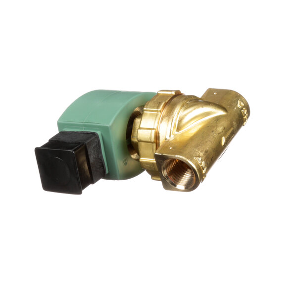 A close-up of a brass and green Cleveland Solenoid valve.