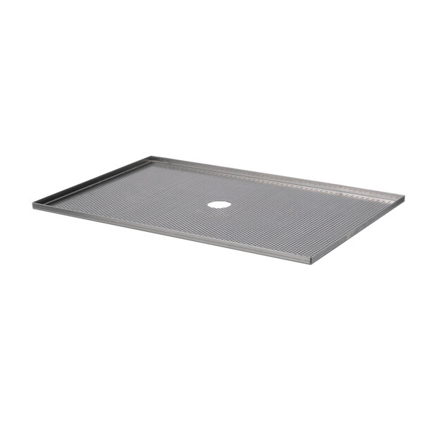 A rectangular stainless steel tray with a hole in the middle.