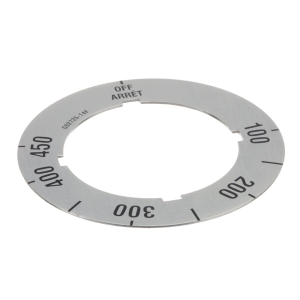 A circular metal ring with black numbers on it.