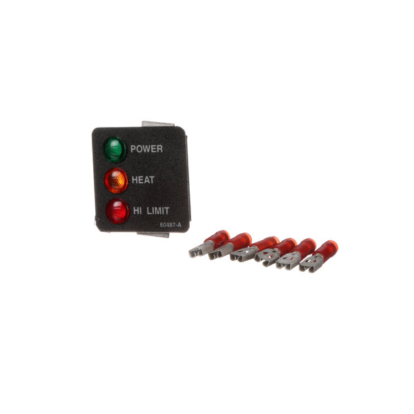 A black Giles indicator light switch with red and green bulbs.