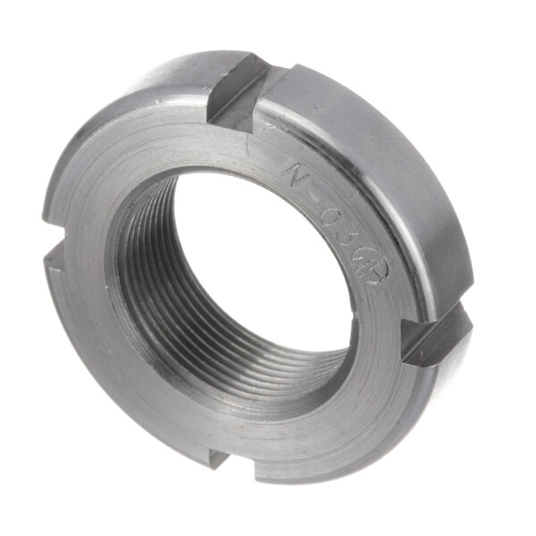 A close-up of a Globe aluminum locknut with a threaded end.
