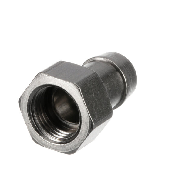 A stainless steel Franke nipple threaded pipe fitting.