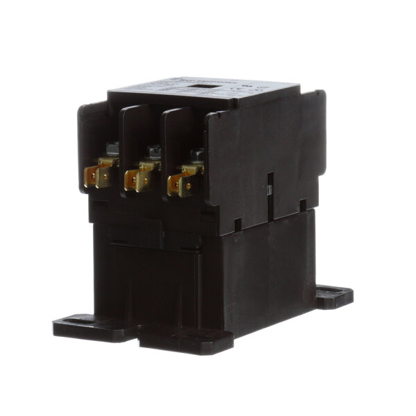 A black square-shaped Scotsman contactor with gold-colored terminals.