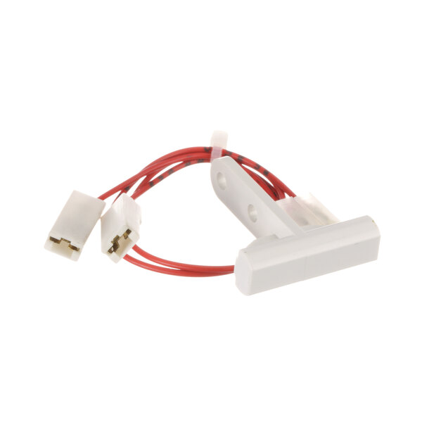 A white plastic clip with a red and white wire connector.