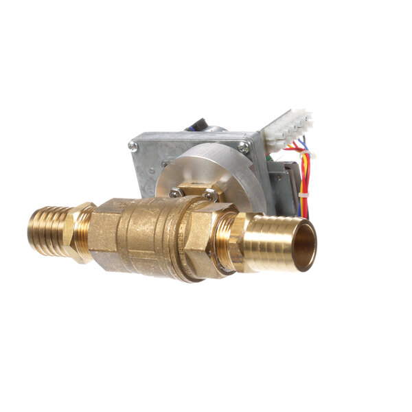 A close-up of a Blodgett brass ball valve assembly with a gold hose.