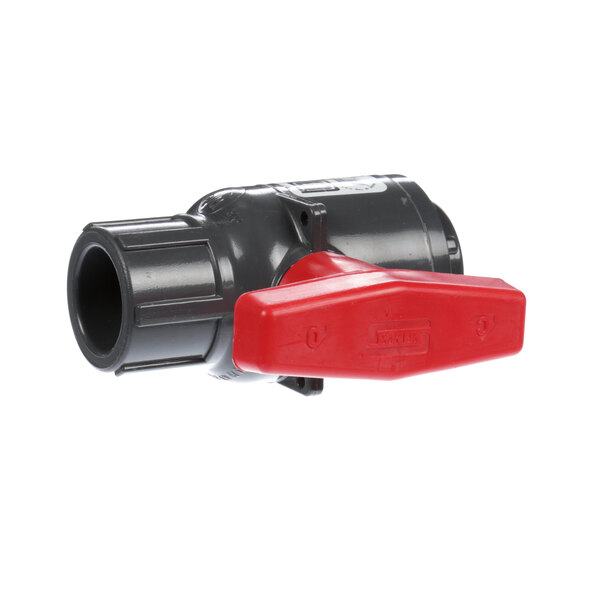 A close-up of a black and red Salvajor ball valve with a red handle.
