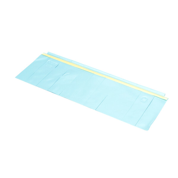 A blue plastic bag with yellow zipper containing a blue plastic curtain with yellow stripes.