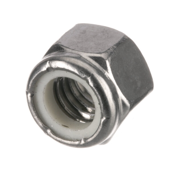 A close-up of a metal 3/8-16 nylon locknut with a white background.
