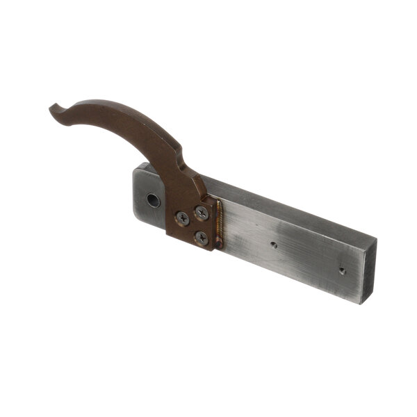 A metal TurboChef hinge cam weldment with a brown handle.