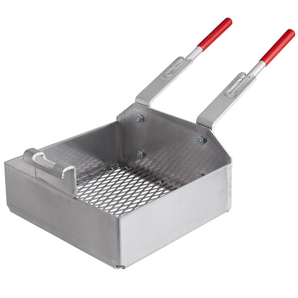 A metal R & V Works fryer basket with two red hooks.