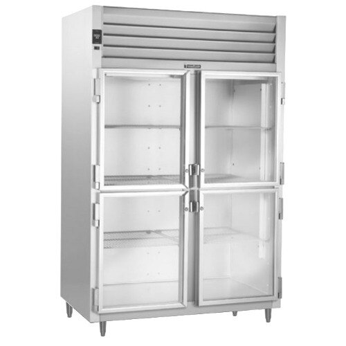 A Traulsen white refrigerator with glass half doors.