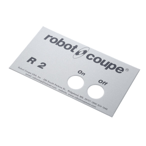 A white card with black text reading "Robot Coupe 400538" and two holes.
