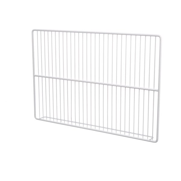 A white wire shelf with metal bars.