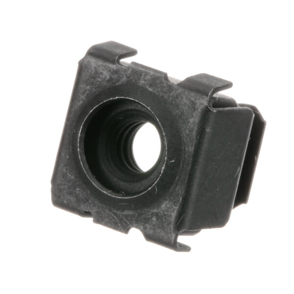 A black plastic nut with a hole in it.