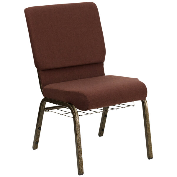 A brown Flash Furniture church chair with a gold metal frame and a wire rack for communion cups.