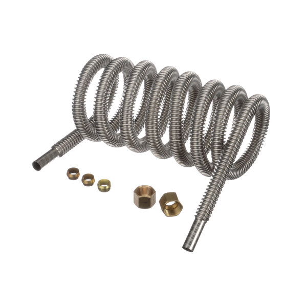 A stainless steel Imperial tubing coil with nuts and bolts.