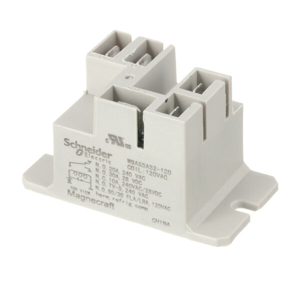 A white electrical relay with writing on it.