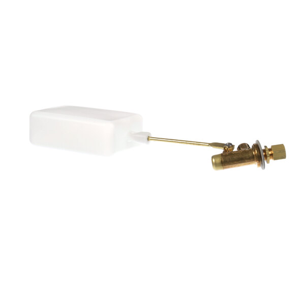 A white rectangular Vogt float valve with a brass knob.