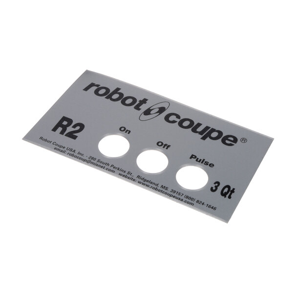 A white card with text and circles reading "Robot Coupe 407669 Front Data Plate R2n"
