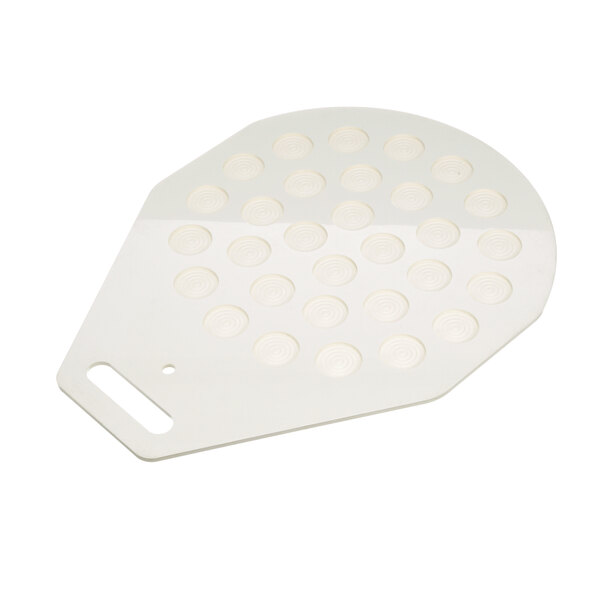 A white plastic NU-VU sanitary rounding plate with holes.