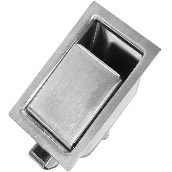 A metal door latch paddle with a square end.