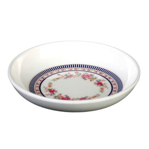A white Thunder Group round melamine sauce dish with a floral design.