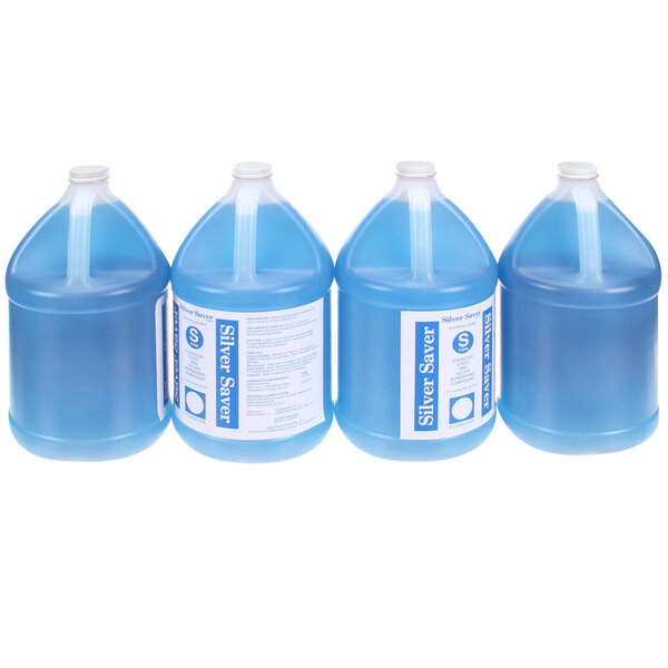 A group of blue plastic jugs of Blakeslee Branish liquid with a straw