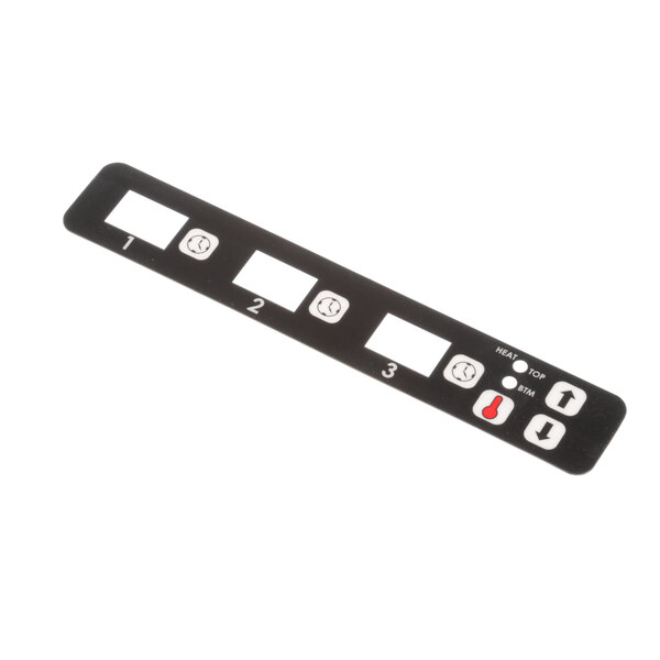 A black rectangular strip with white circles and red buttons.