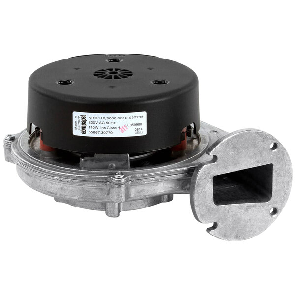 A Rational blower motor with a metal housing.