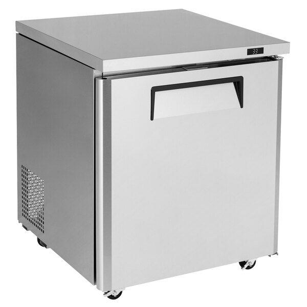 A Turbo Air M3 Series undercounter refrigerator with a stainless steel door and black handle.