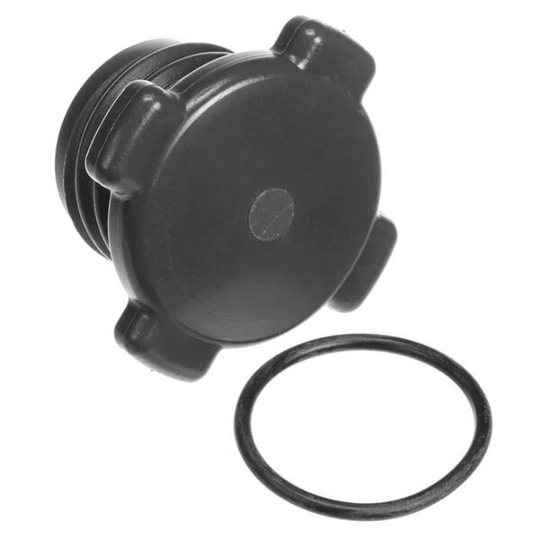 A black plastic cap with a rubber ring.