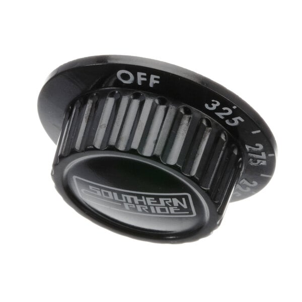 A black plastic thermostat knob with white text that says "off"