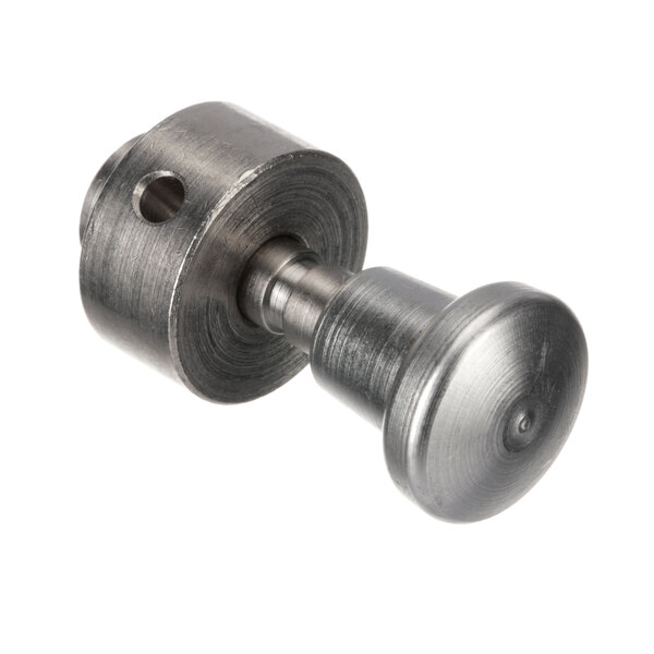 A close-up of a Globe stainless steel sharpener stop assembly knob with a round base and a circular hole.