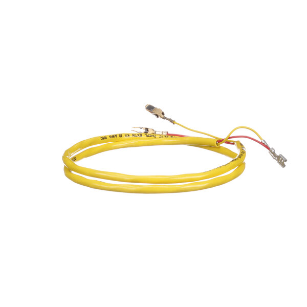 A close-up of a yellow cable with two wires and a wire connector.