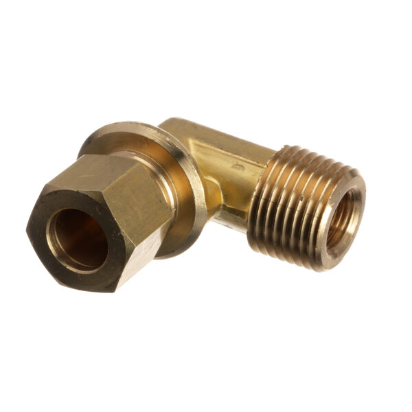 A brass elbow threaded pipe fitting with a nut on one end.