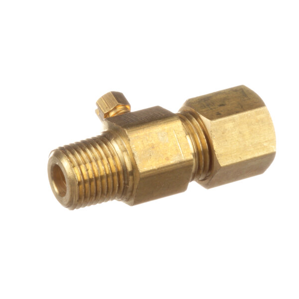 A brass threaded male fitting with a nut.