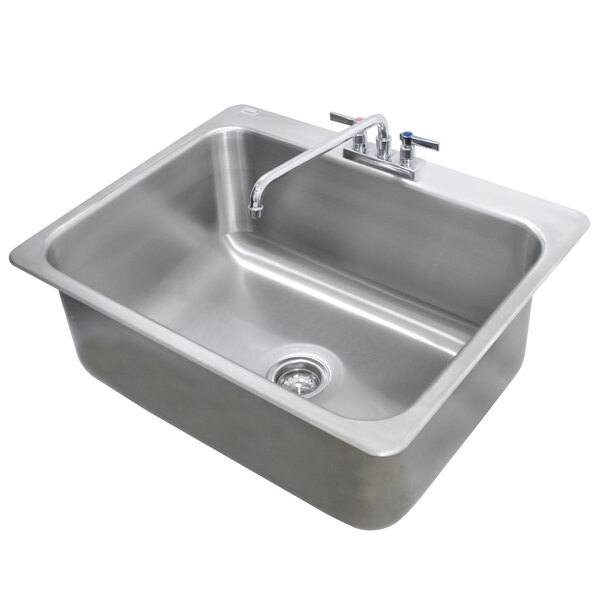 A stainless steel Advance Tabco drop-in sink with a faucet.