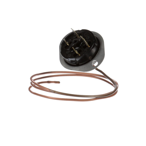 A round black Cleveland Sfy Tstat with a brown and copper wire and a black wire.