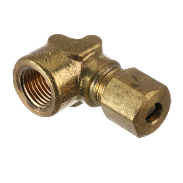 A Bakers Pride brass adapter with a brass nut.
