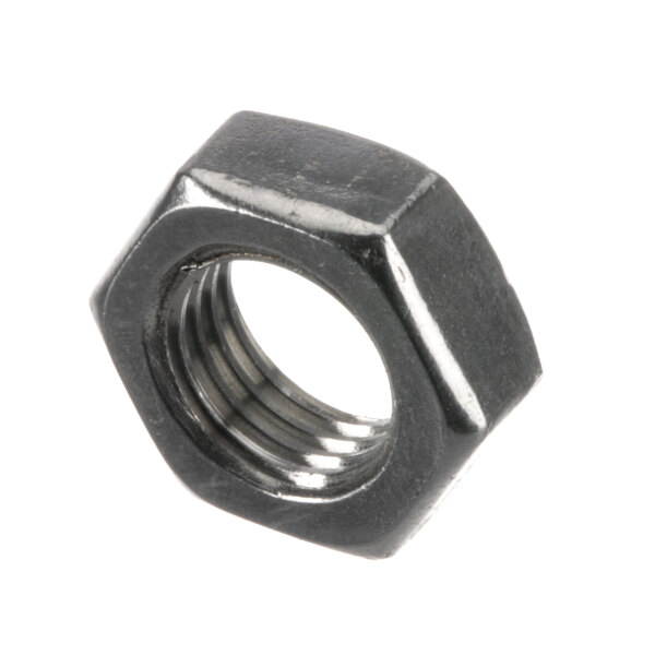 A close-up of a stainless steel hex jam nut.