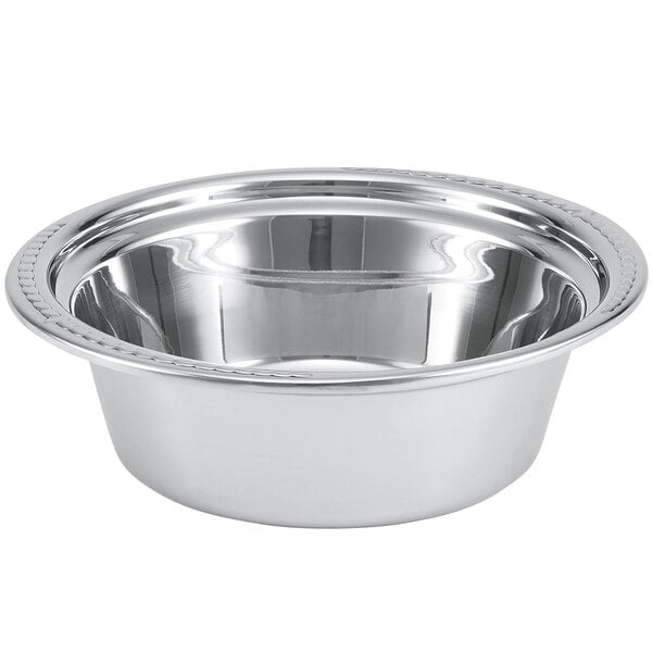 A silver stainless steel Vollrath casserole pan with a rim.