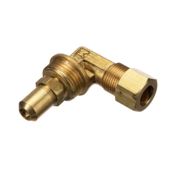 A brass 90 degree Lang metal pipe fitting with a nut.