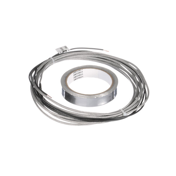 A silver metal wire with black and silver tape.