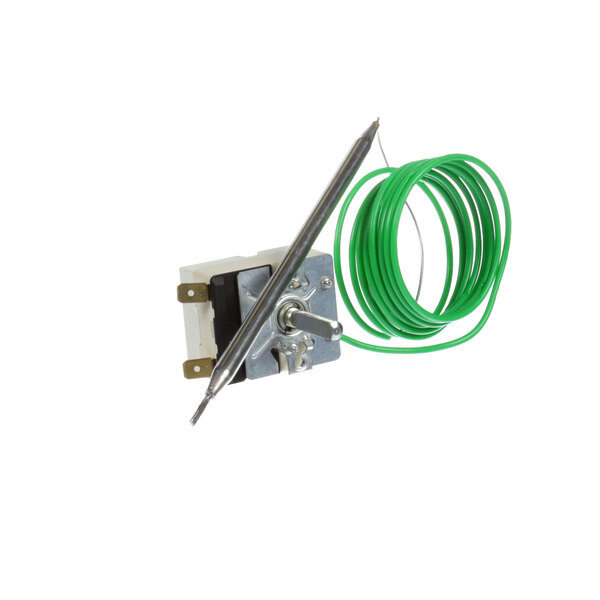 A green wire with a white wire attached to a Duke Proofer thermostat.