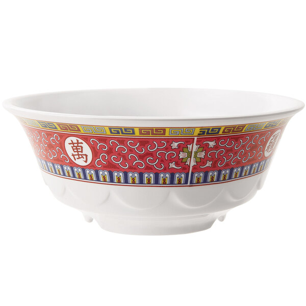 A white GET Melamine bowl with a red and blue oriental design.