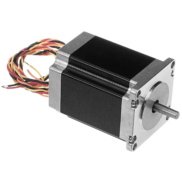 A small black and silver Ovention Drive Motor-Stepper with wires.