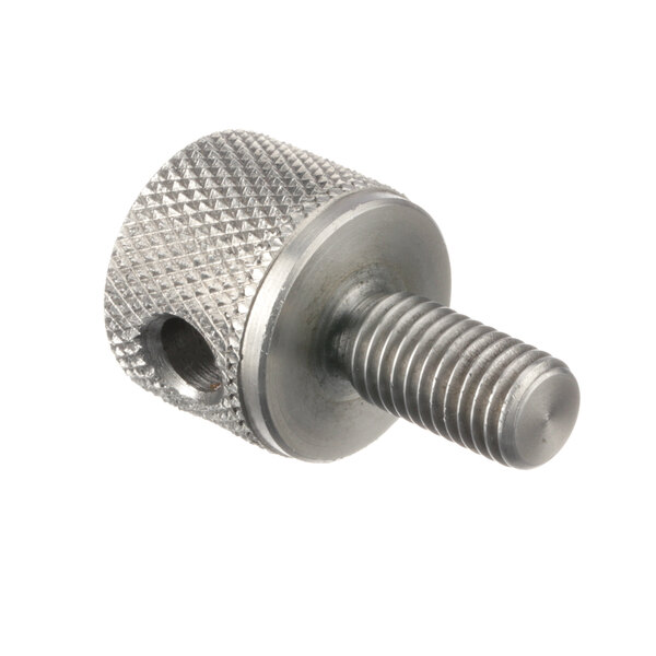 A stainless steel Stephan nut with threads.